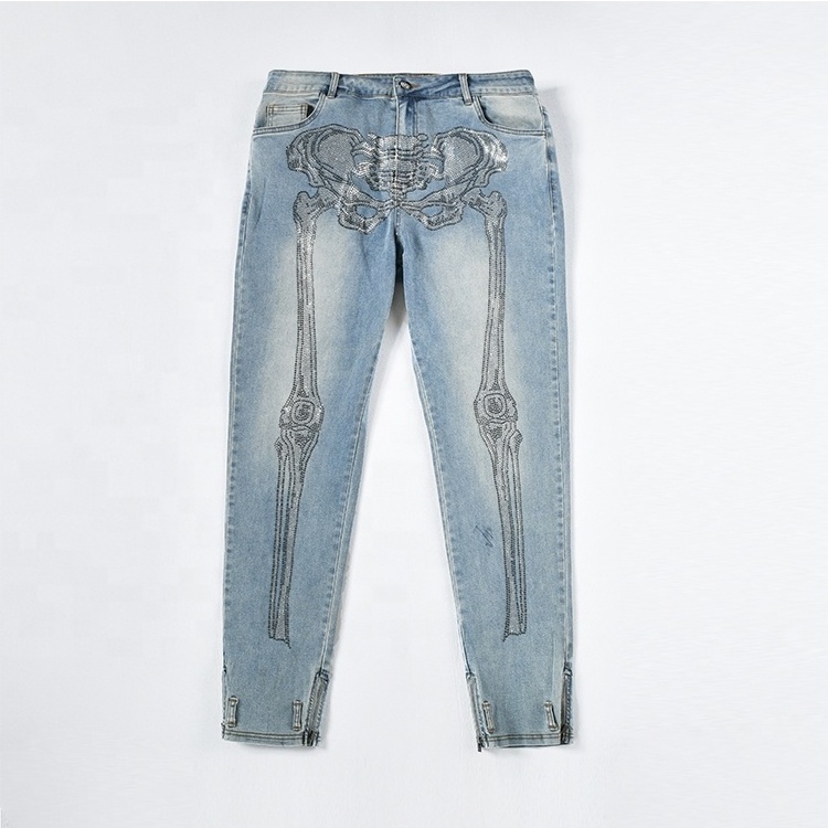 OEM Custom Zipper Hem Washed Skinny Denim Pants Rhinestone Jeans for Men