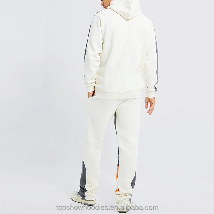 OEM Custom Side Striped Cotton Hoodie and Jogger Sweatpants Set Sweatsuit Jogging Suit Stack Oversized Flared Tracksuit for Men