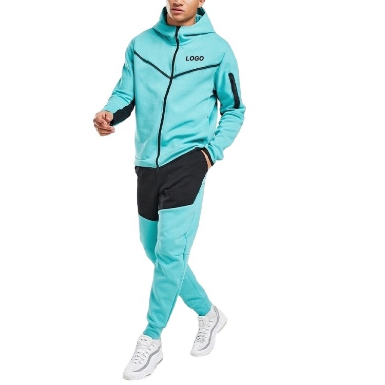 OEM Custom Oversized Color Blocked Full Zip Up Hoodie and Sweatpants Set Jogging Suit Sweatsuit Tech Fleece Tracksuit for Men