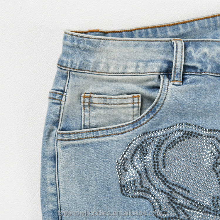 OEM Custom Zipper Hem Washed Skinny Denim Pants Rhinestone Jeans for Men