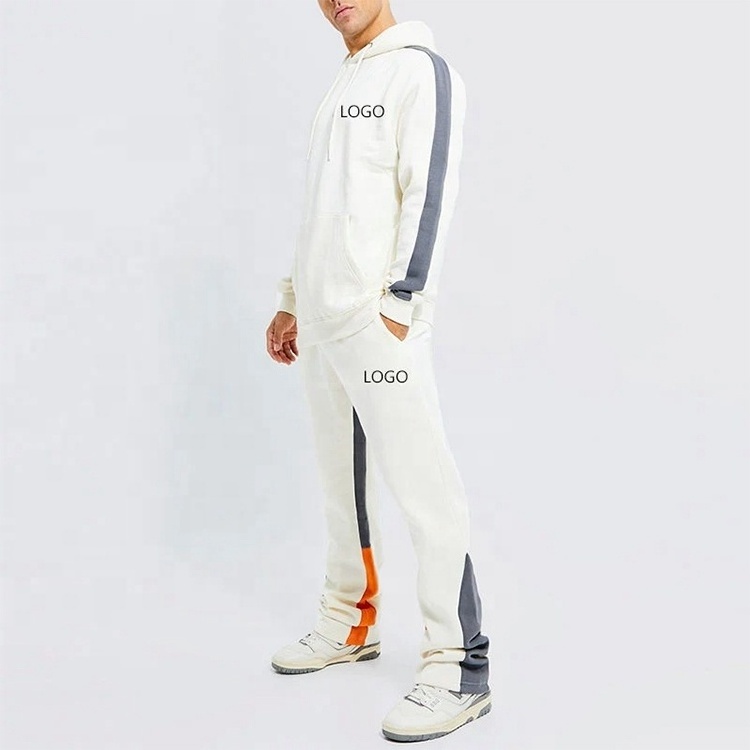 OEM Custom Side Striped Cotton Hoodie and Jogger Sweatpants Set Sweatsuit Jogging Suit Stack Oversized Flared Tracksuit for Men