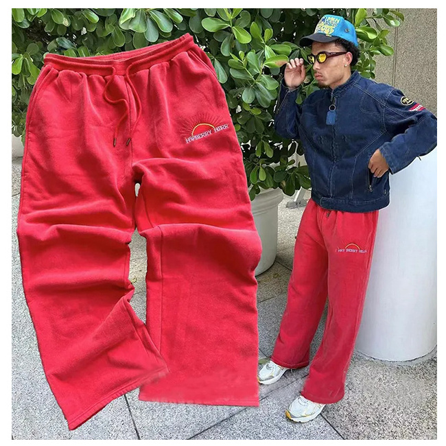 Custom Embroidery Heavy Weight stacked  flare Sweat Pants Fleece Straight Leg Trousers  Vintage Acid Wash  Sweatpants For Men