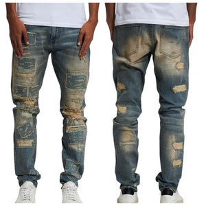 Factory custom color splicing paint adorn denim jeans vintage cargo flared stacked men jeans