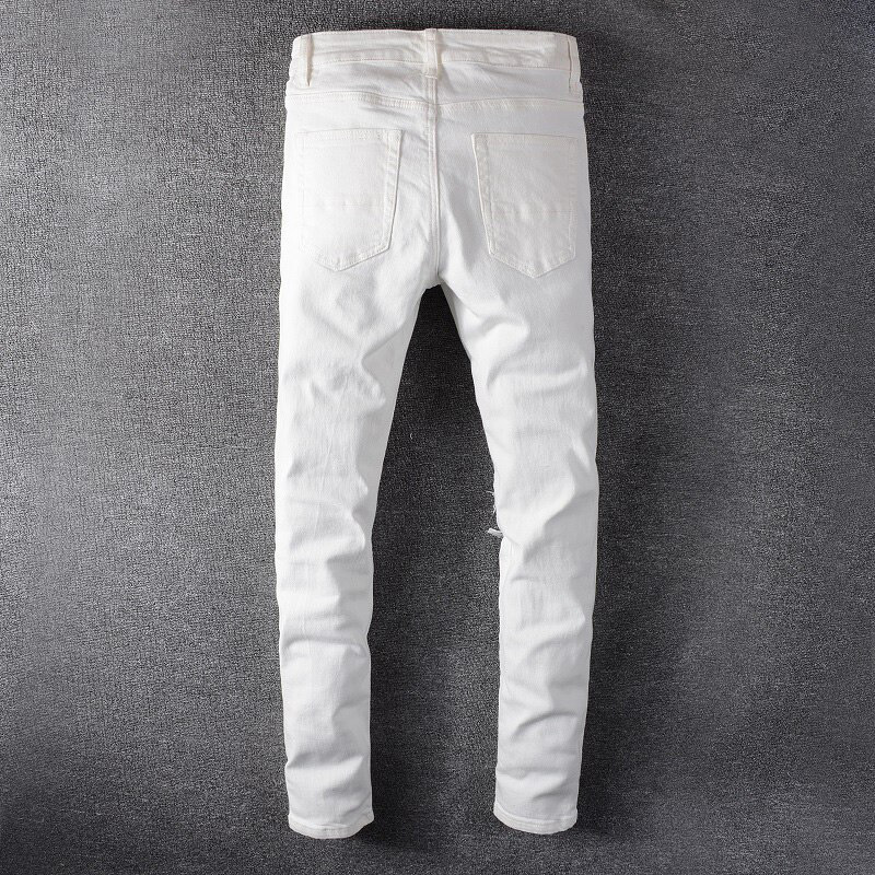 custom rhinestone white ripped skinny slim fit denim men jeans