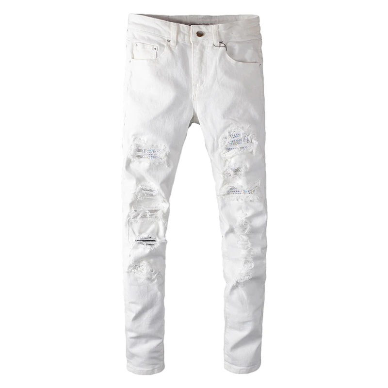 custom rhinestone white ripped skinny slim fit denim men jeans