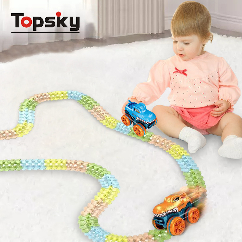 Magical Glowing Race Track Assemble Model Set 360 Stunt Loop Flexible DIY Electric Dinosaur Rail Car Play Set Toys for Kids