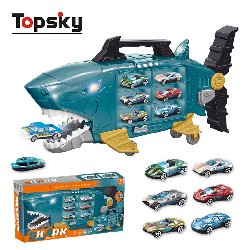 High Quality Plastic Pull Back Shark Storage Car Sliding 2 Alloy Vehicle Carrier Container Truck Shark Car Die cast Toys for Kid