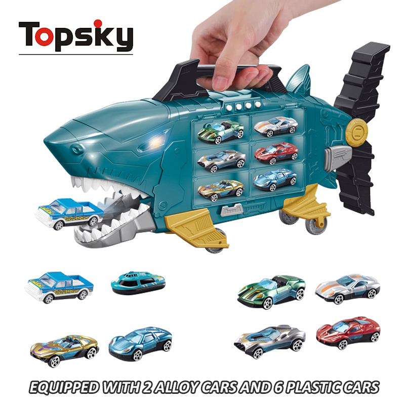 High Quality Plastic Pull Back Shark Storage Car Sliding 2 Alloy Vehicle Carrier Container Truck Shark Car Die cast Toys for Kid