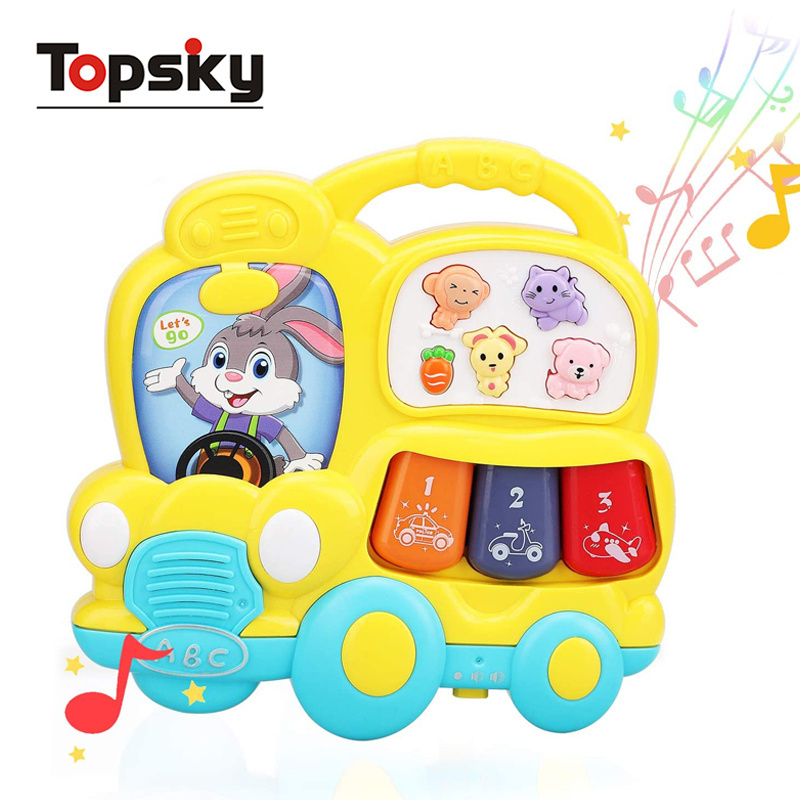 Educational School Musical Mini Bus Toys Kids Electronic Organ Piano Keyboards Sounds Baby Music Toys with Lights Animal Plastic