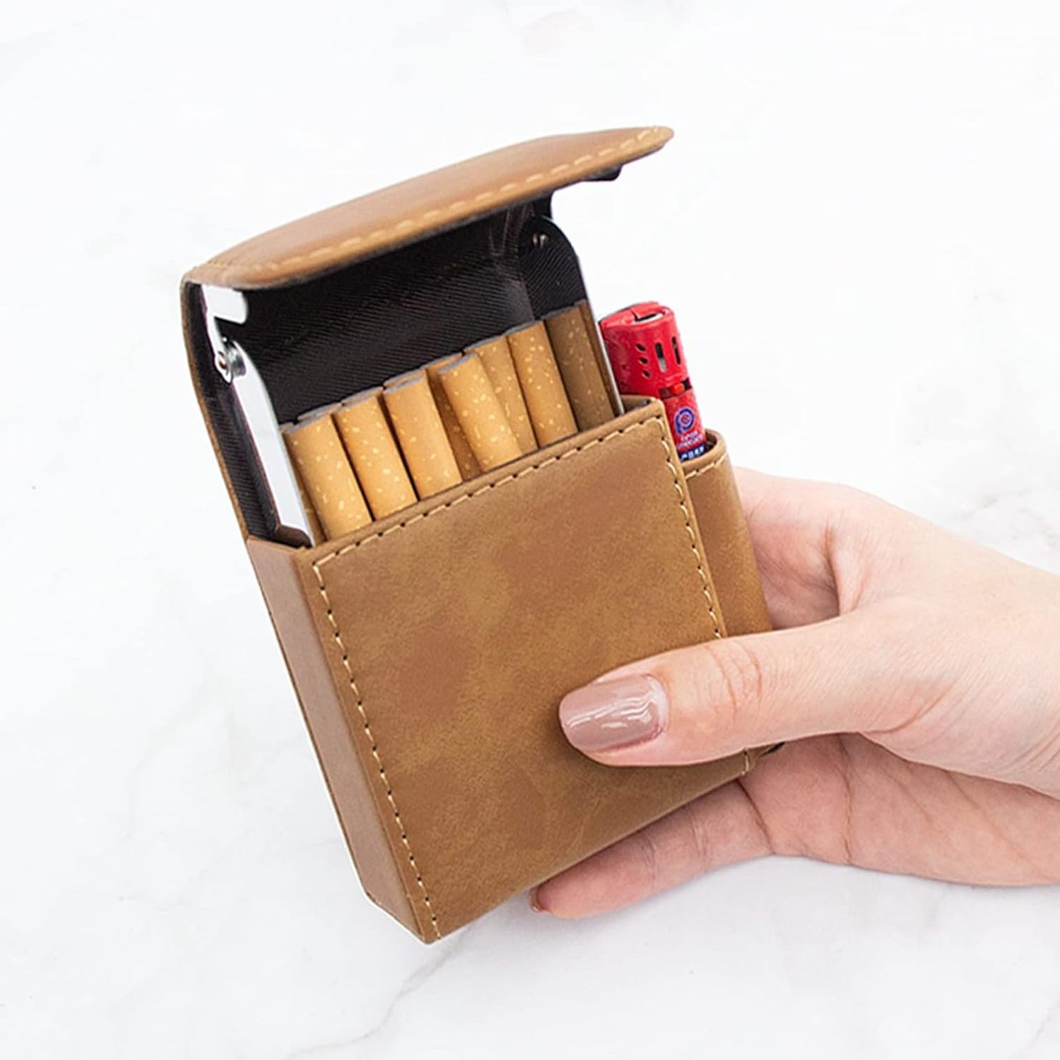 PU Leather Cigarette Box Anti Scratch Protective Storage Case with Lighter Holder