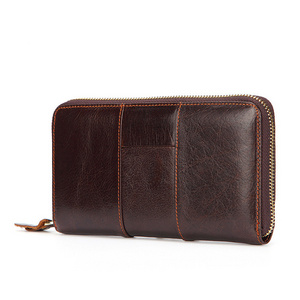 Men Long Type Clutch Vintage Genuine Leather Cards Holder Zipper Phone Wallet