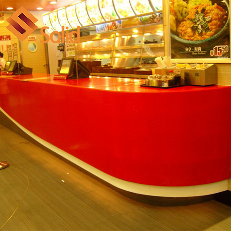 Burger fast food restaurant wood and artificial marble stone table order reception desk