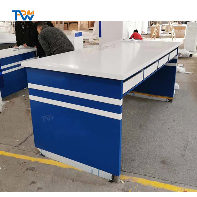 blue and white color solid surface modern bank check counter table reception front desk