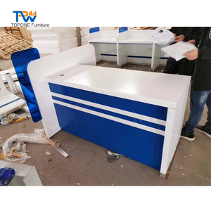 blue and white color solid surface modern bank check counter table reception front desk