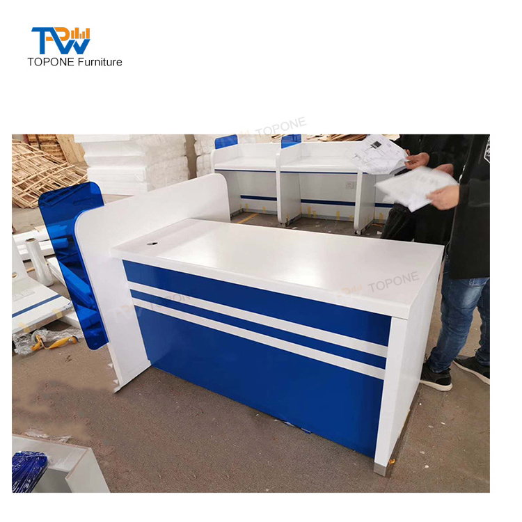 blue and white color solid surface modern bank check counter table reception front desk