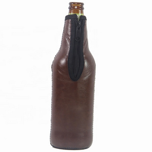 Brown PU Leather Neoprene Beer Bottle Cooler Sleeve Holder