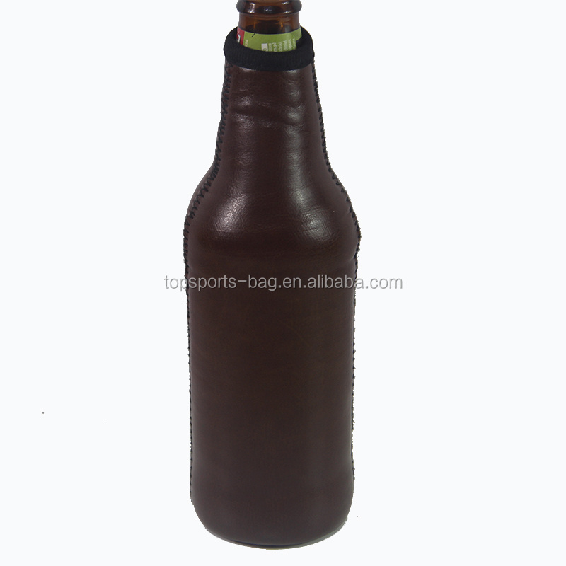 Brown PU Leather Neoprene Beer Bottle Cooler Sleeve Holder