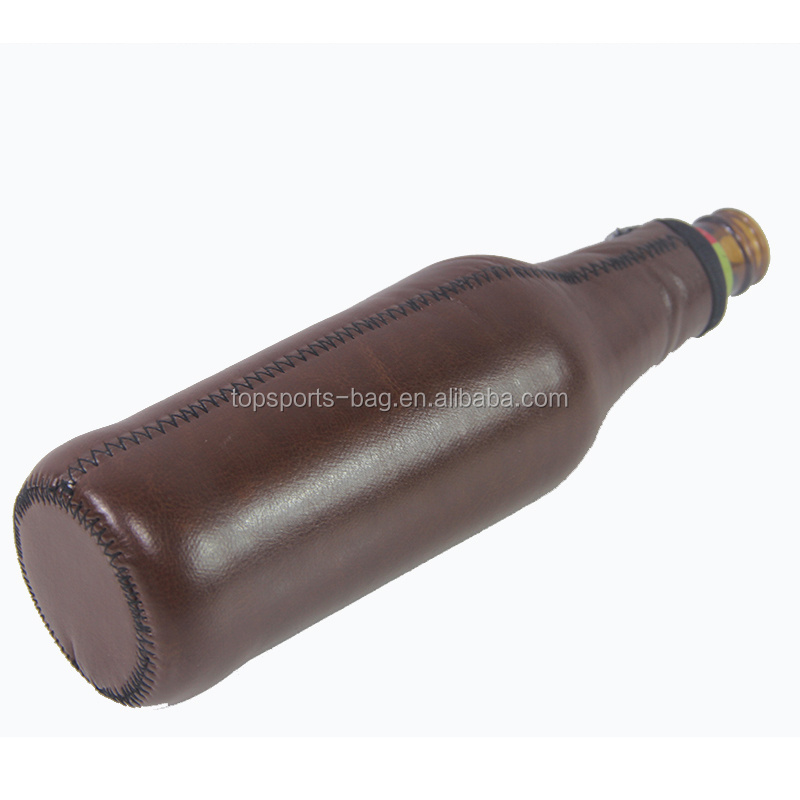 Brown PU Leather Neoprene Beer Bottle Cooler Sleeve Holder