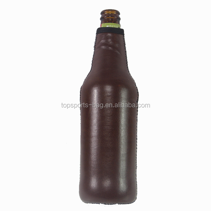 Brown PU Leather Neoprene Beer Bottle Cooler Sleeve Holder