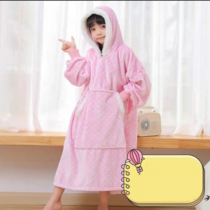 Wholesale Flannel Fleece Sherpa Oversized Hooded Blanket For Winter Indoor TV