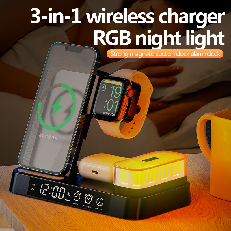 High Quality Wireless Charging 3 In 1 For Watches Headphone Phone Wireless Charger 3 In One With Led Lamp Clock