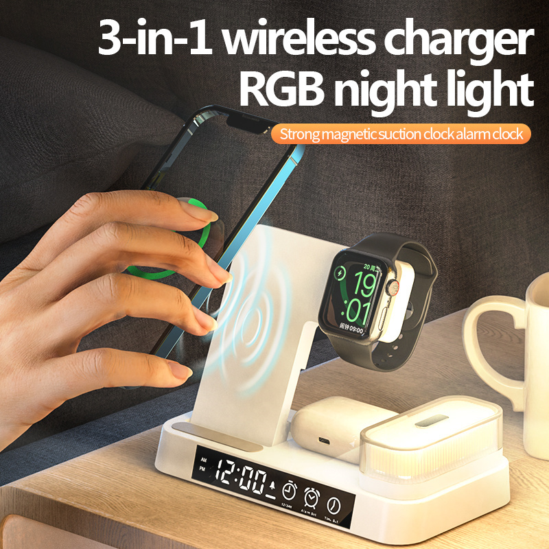 High Quality Wireless Charging 3 In 1 For Watches Headphone Phone Wireless Charger 3 In One With Led Lamp Clock