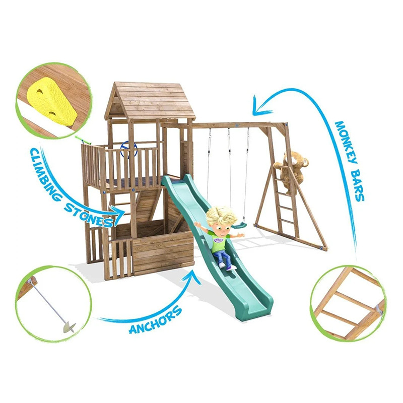 New Arrival commercial Wooden Outdoor Play set with Monkey Bars Slide Rock Wall and Swing Set Accessories for kids