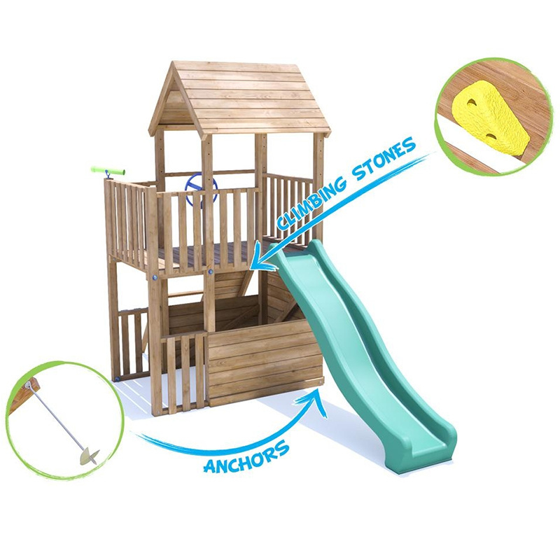 New Arrival commercial Wooden Outdoor Play set with Monkey Bars Slide Rock Wall and Swing Set Accessories for kids