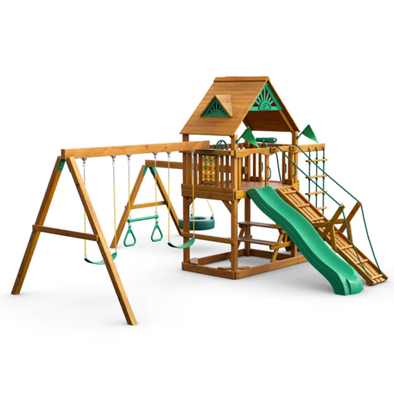 Wooden Climbing Frame Swing Set with Plastic Slide Outdoor Playground Equipment