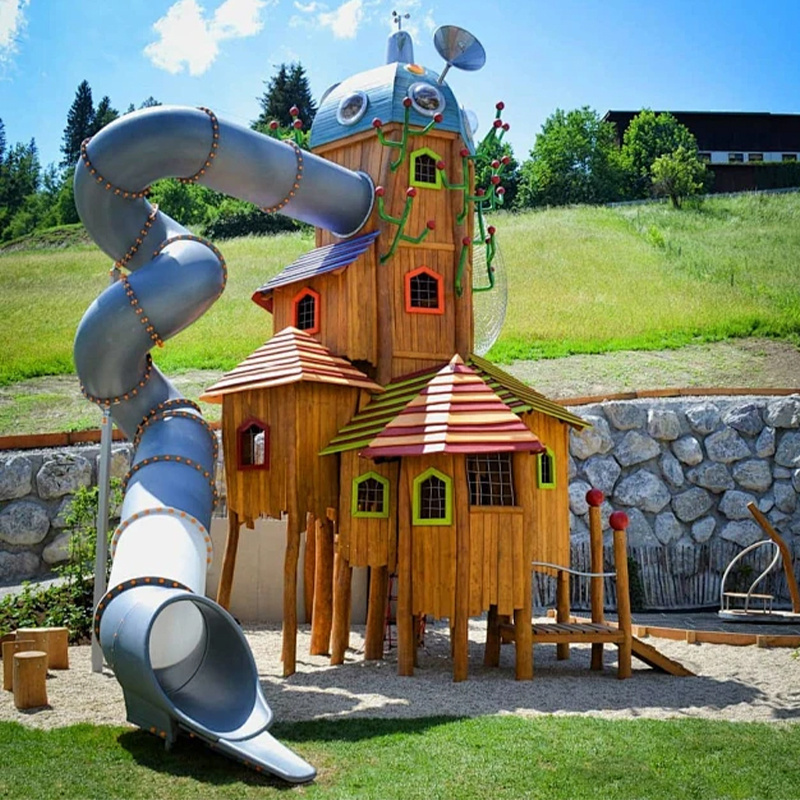 kids outdoor playground wood playground wooden children house Swing and Slide