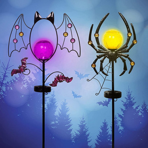 Solar Halloween Yard Garden Stake Lights, Crackle Glass Globe Bat Spider Metal Solar Yard Garden Stake