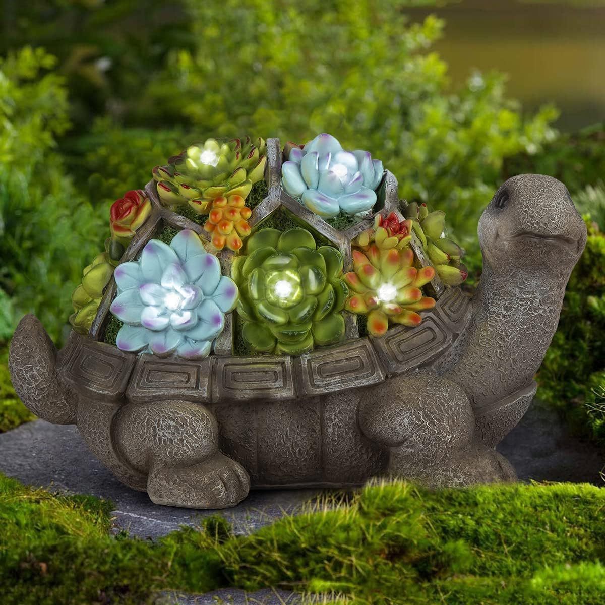 Solar Garden Statues Turtle Figurine Succulent and 7 LEDs - Outdoor Fall Winter Garden Decor Statue Large Tortoise Statues