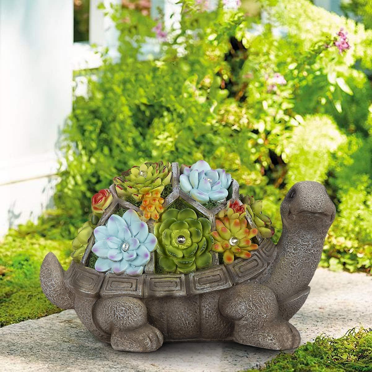 Solar Garden Statues Turtle Figurine Succulent and 7 LEDs - Outdoor Fall Winter Garden Decor Statue Large Tortoise Statues