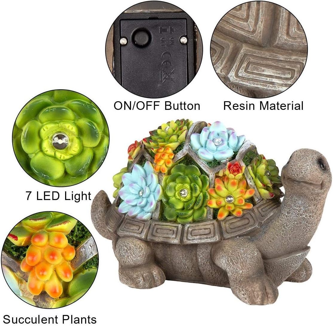 Solar Garden Statues Turtle Figurine Succulent and 7 LEDs - Outdoor Fall Winter Garden Decor Statue Large Tortoise Statues