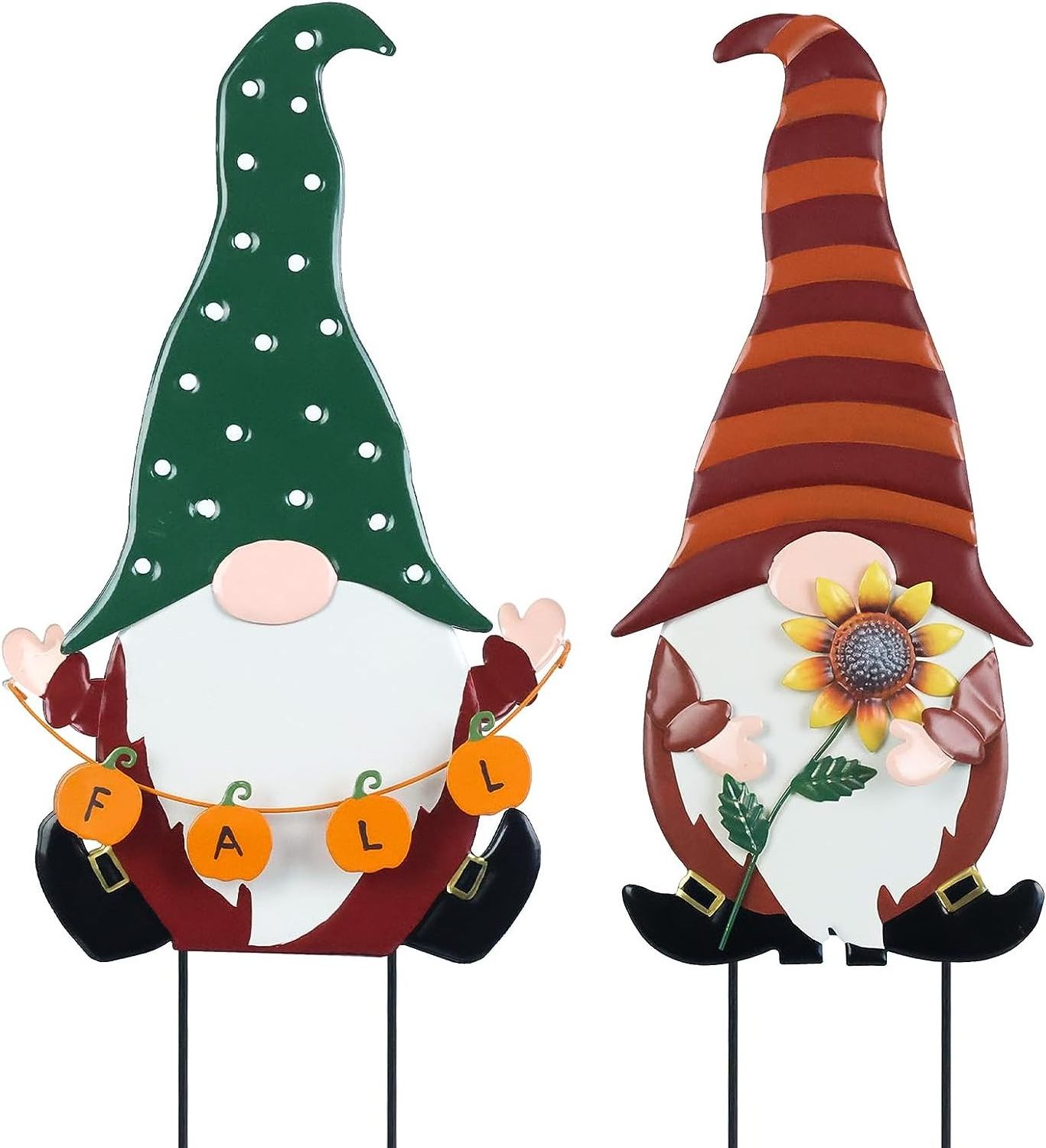 2 Pack Gnomes Decorative Garden Stakes Fall Decoration Metal Gnome,Pumpkin,Sunflower Metal Yard Signs