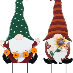 2 Pack Gnomes Decorative Garden Stakes Fall Decoration Metal Gnome,Pumpkin,Sunflower Metal Yard Signs