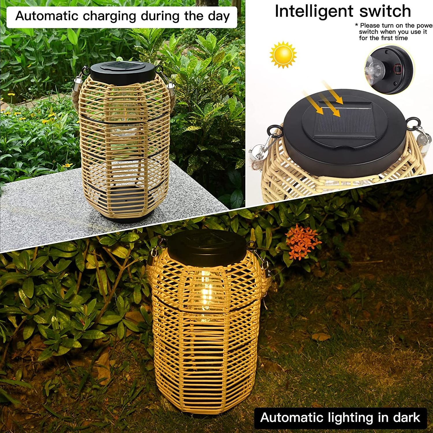 Solar Lantern Outdoor Hanging Lights Waterproof Outdoor Solar Rattan Lantern Bright Solar Outdoor Tabletop Lamp