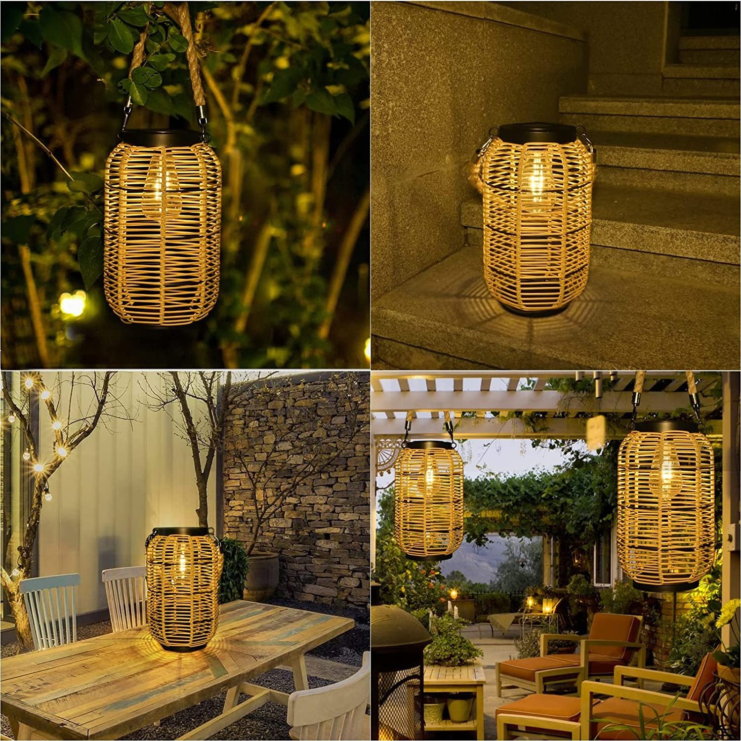 Solar Lantern Outdoor Hanging Lights Waterproof Outdoor Solar Rattan Lantern Bright Solar Outdoor Tabletop Lamp