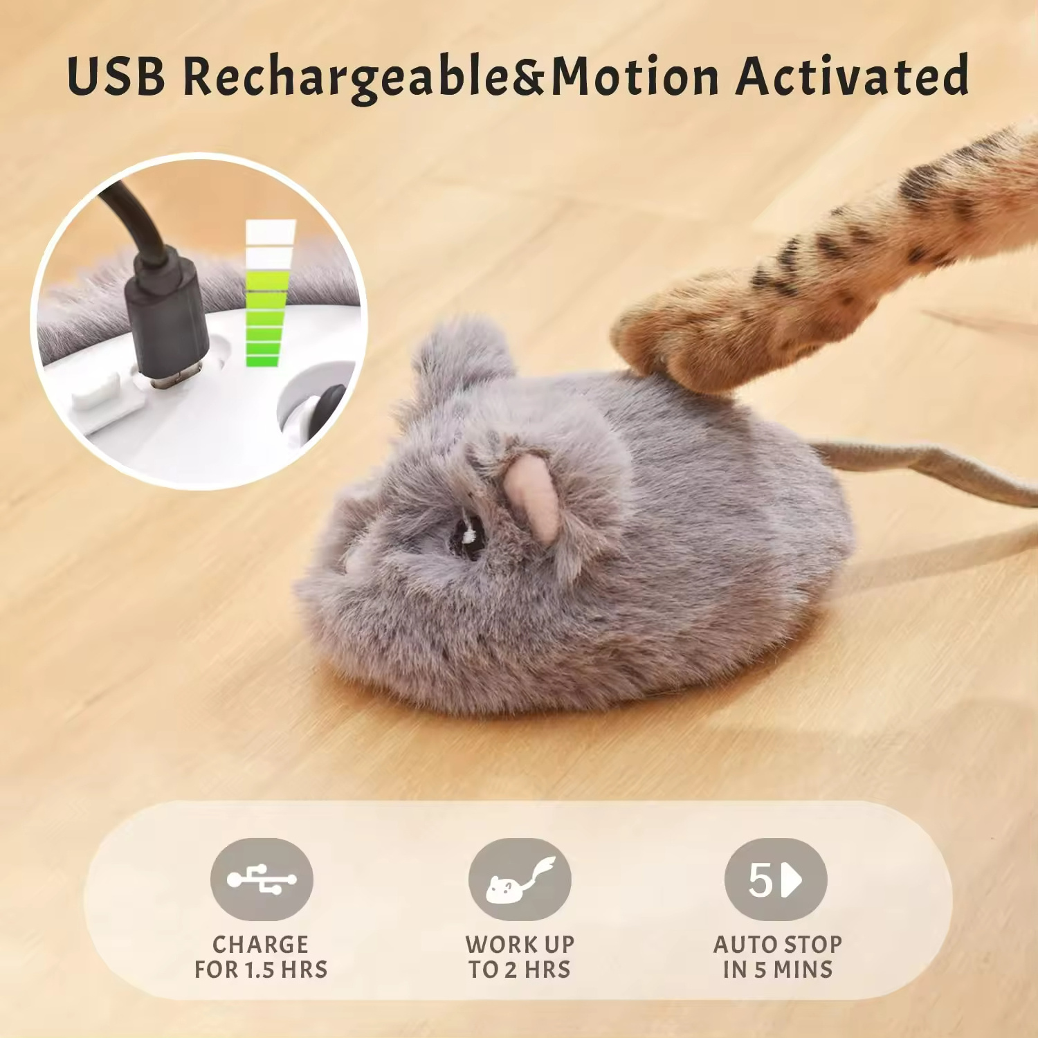 Soft Cute USB Rechargeable Automatic Moving Electric Cat Plush Mouse Toy Interactive Cat Toys for Indoor Cats