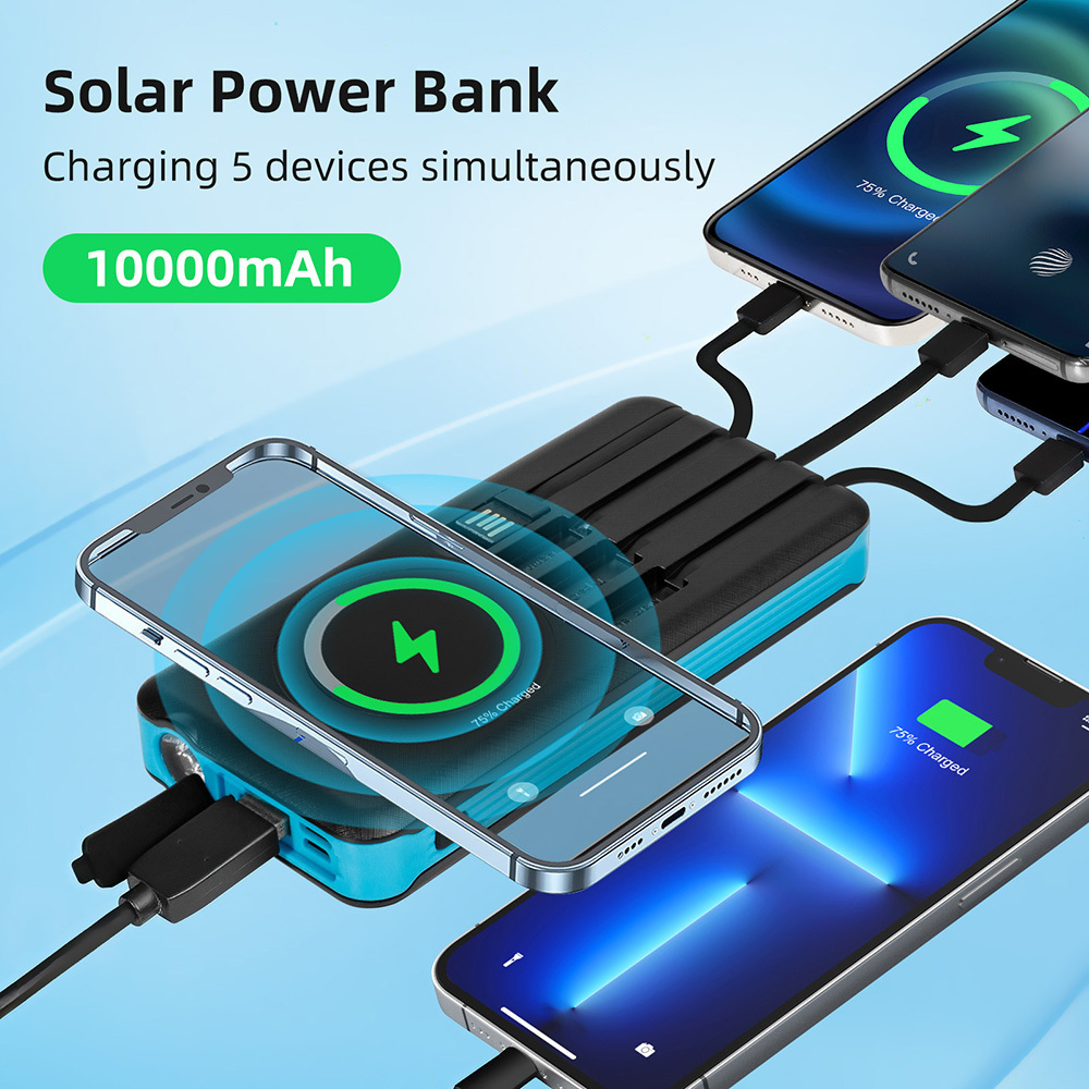 New Solar Power Bank 10000mAh Electronics Portable Charge Flashlight Built In 4-1 Cable Outdoor Waterproof Wireless Power Bank