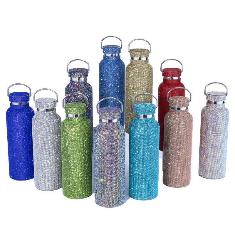 Women Creative Portable Handle Color Crystal Rhinestone Diamond bling aesthetic stainless steel water bottle