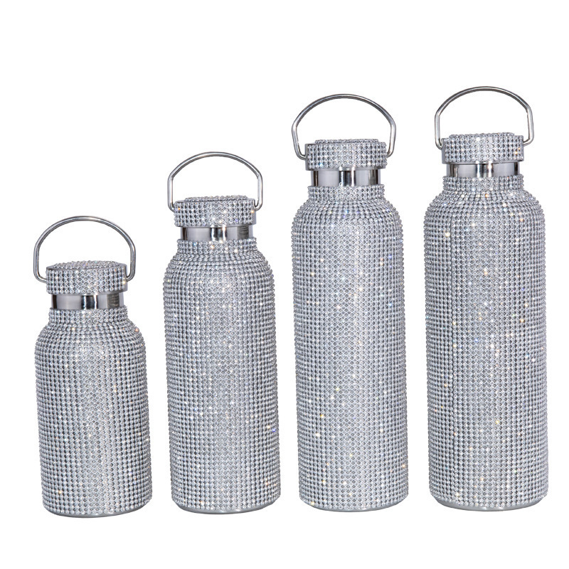 Women Creative Portable Handle Color Crystal Rhinestone Diamond bling aesthetic stainless steel water bottle