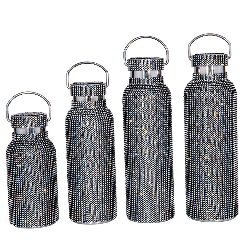 Women Creative Portable Handle Color Crystal Rhinestone Diamond bling aesthetic stainless steel water bottle