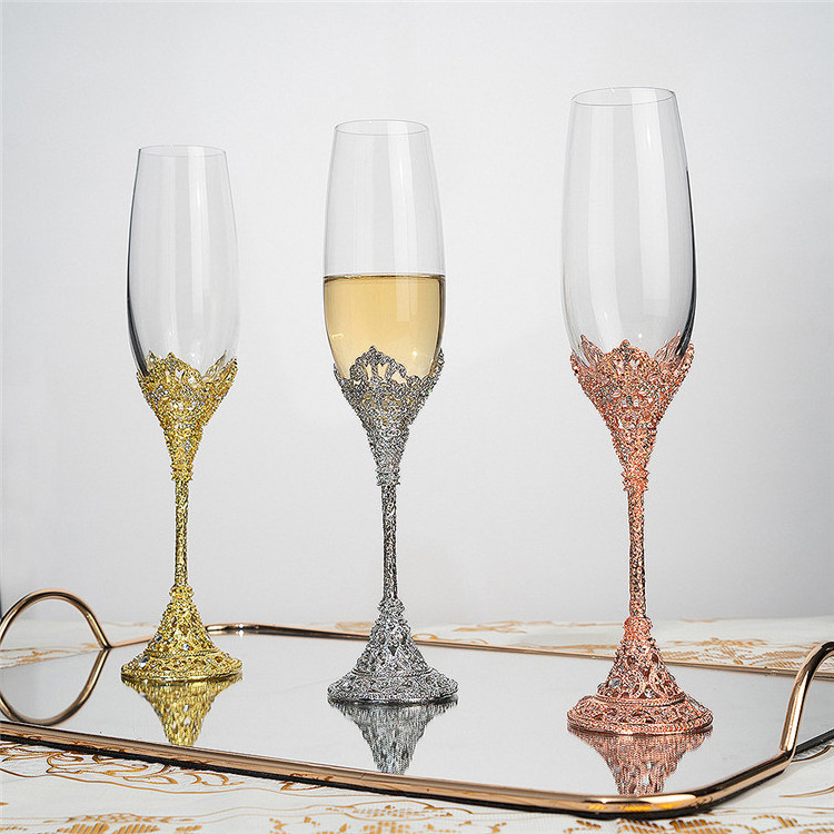 custom logo wedding diamond engrave metal base 230ml pearl glass champagne flutes in shining with cz stone