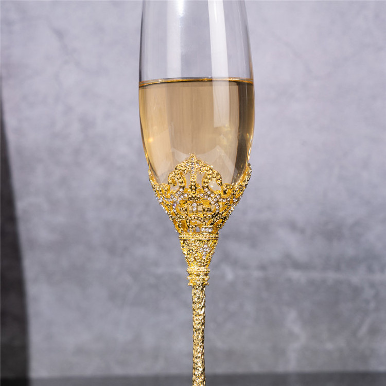 custom logo wedding diamond engrave metal base 230ml pearl glass champagne flutes in shining with cz stone