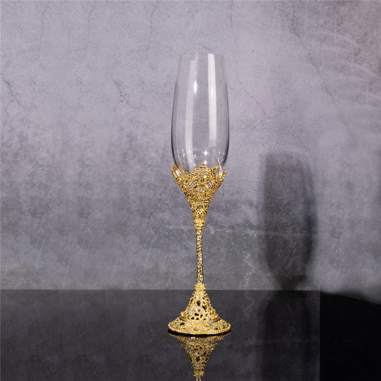 custom logo wedding diamond engrave metal base 230ml pearl glass champagne flutes in shining with cz stone