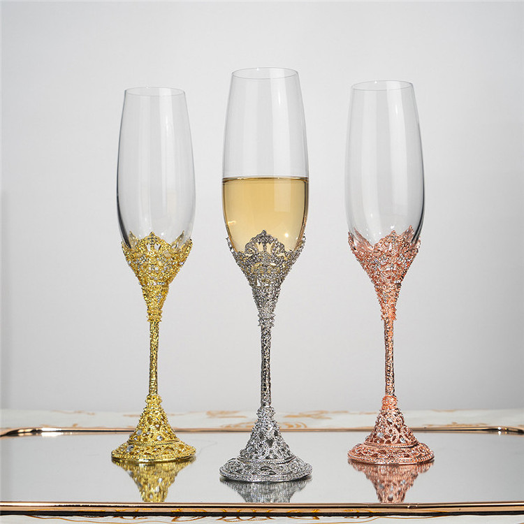 custom logo wedding diamond engrave metal base 230ml pearl glass champagne flutes in shining with cz stone