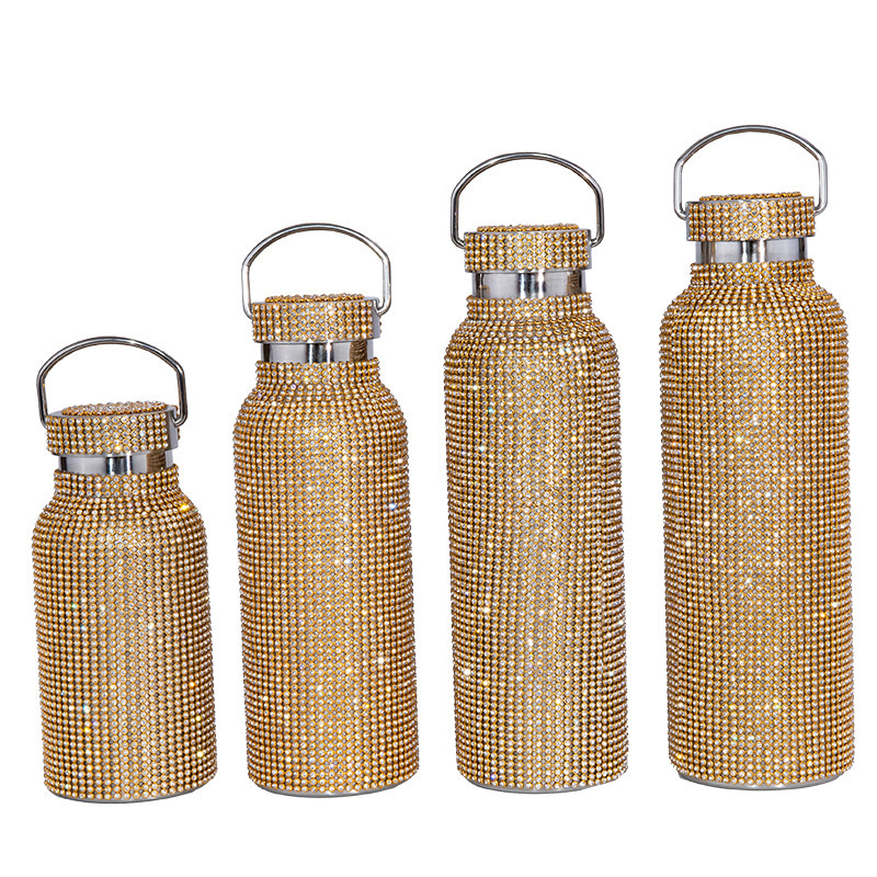 Women Creative Portable Handle Color Crystal Rhinestone Diamond bling aesthetic stainless steel water bottle