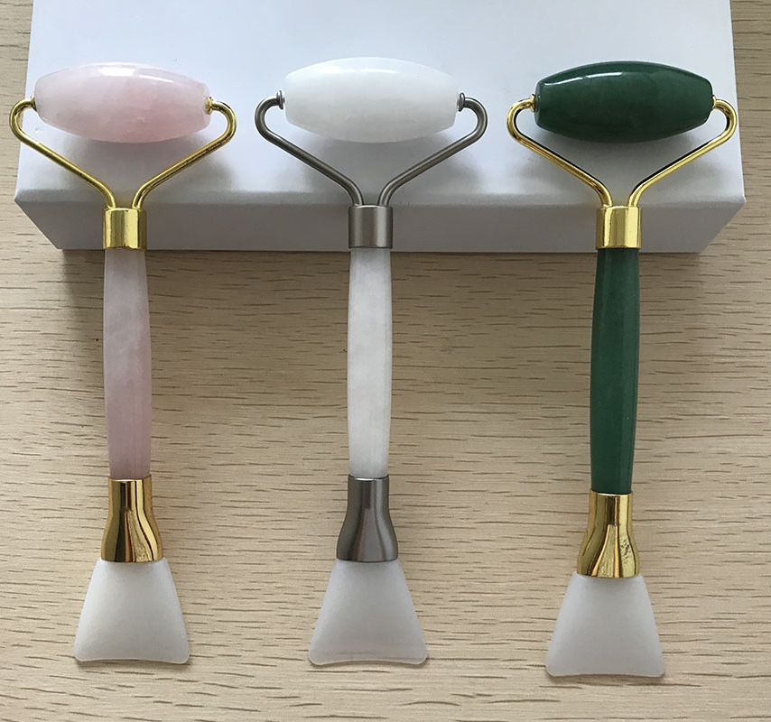 Double head facial brush silicone applicator pink rose quartz jade face roller beauty tools face mask brush cosmetic spatula