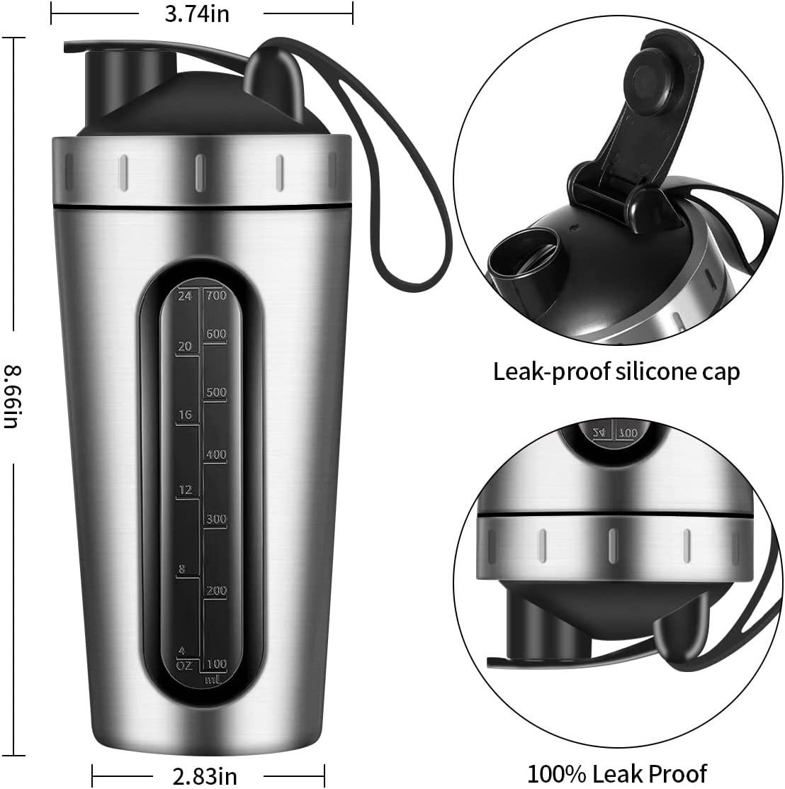 28Oz Stainless Steel Gym Protein Shaker Sports Motivational Water Bottle with Leak-proof Visible Measuring Window & Mixing Ball